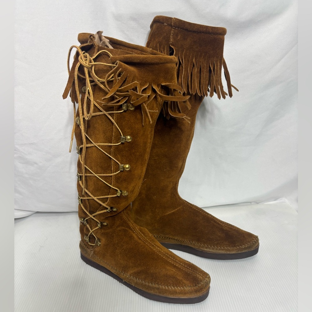 Vintage Minnetonka Knee High Fringe Suede Boots